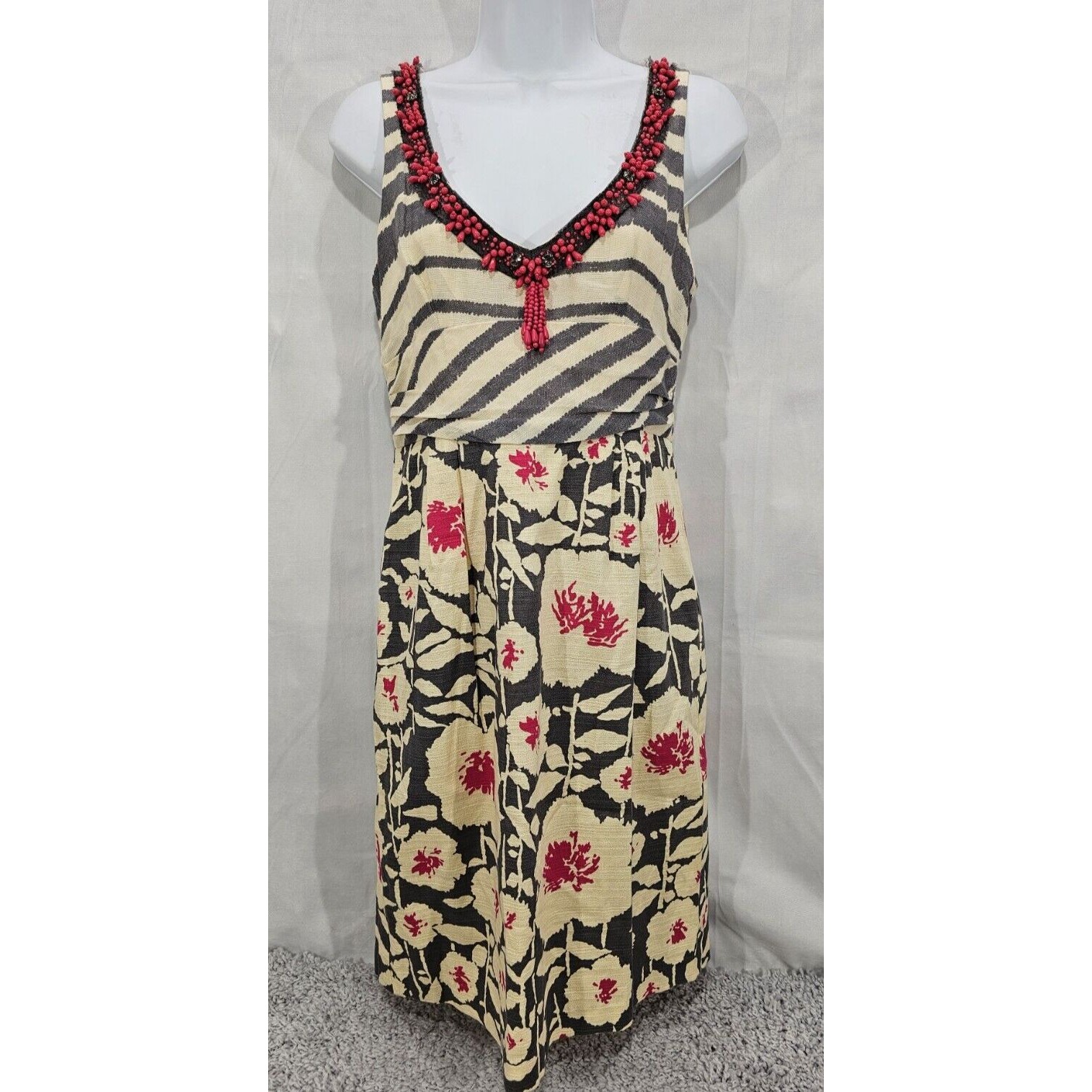 Vintage Nanette Lepore Silk Linen Dress 6 Floral Beaded V-Neck Sleeveless Y2k